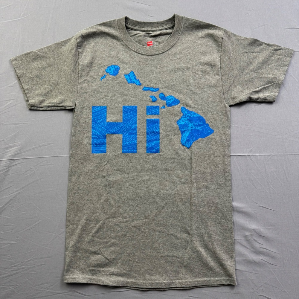Hanes Hawaii HI Islands Graphic T-Shirt Gray‎ Blue Mens Small S Tagless Tee